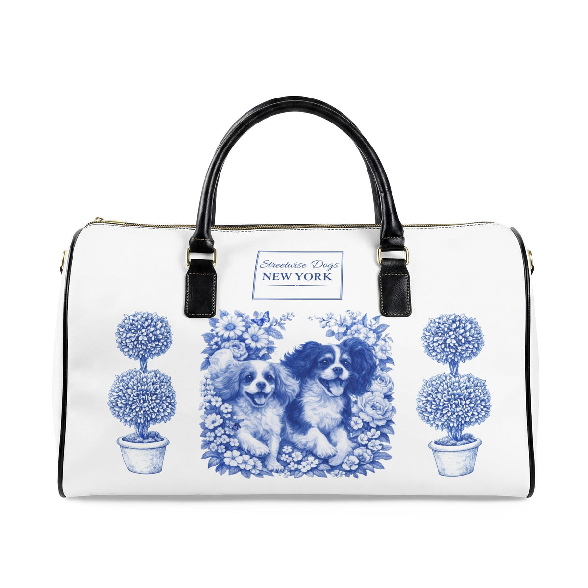 Cavalier King Charles Bag NYC Botanical Garden | Dog Lover Duffle Bag | Blue White Toile Travel Bag | Streetwise Dogs New York Gift