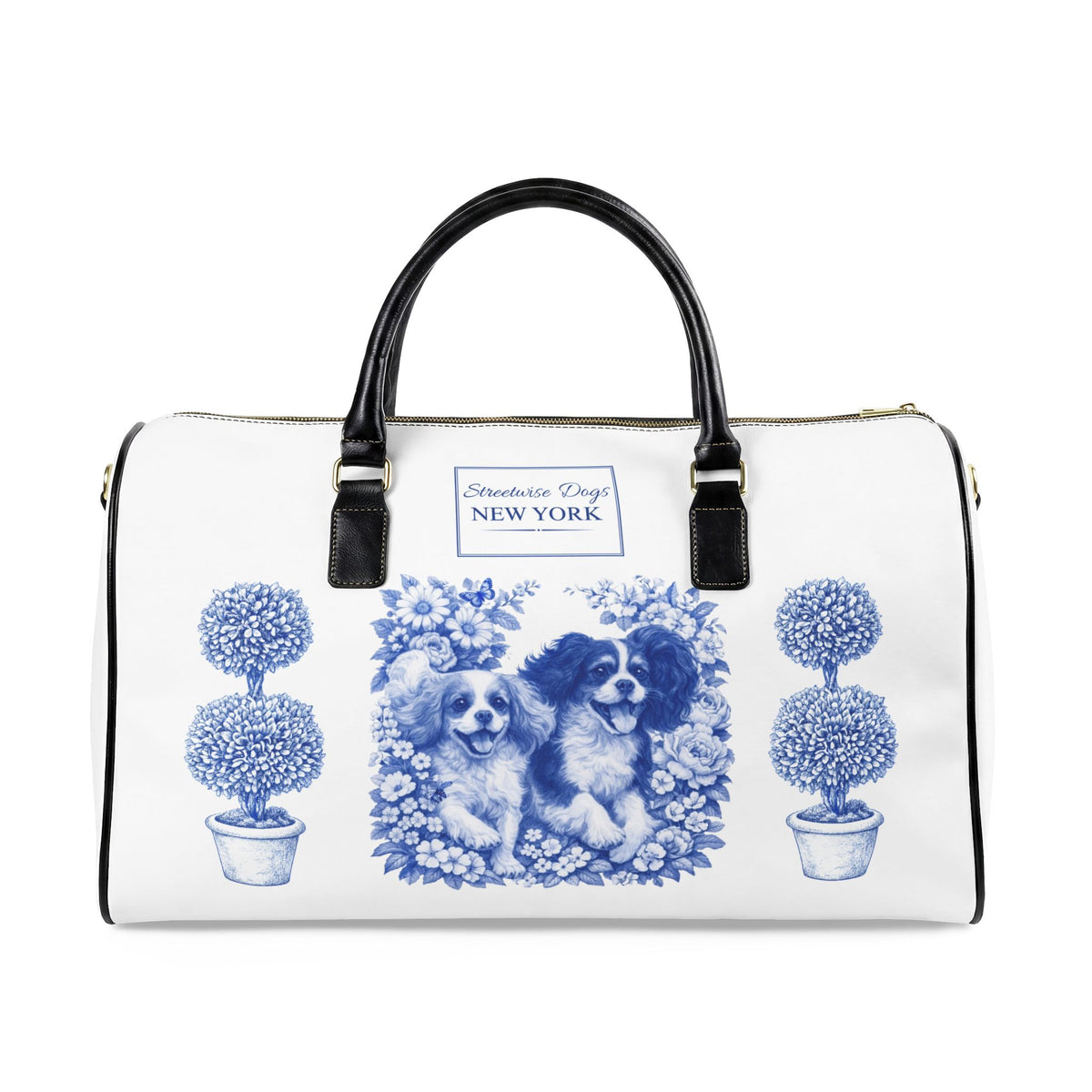 Cavalier King Charles Bag NYC Botanical Garden | Dog Lover Duffle Bag | Blue White Toile Travel Bag | Streetwise Dogs New York Gift