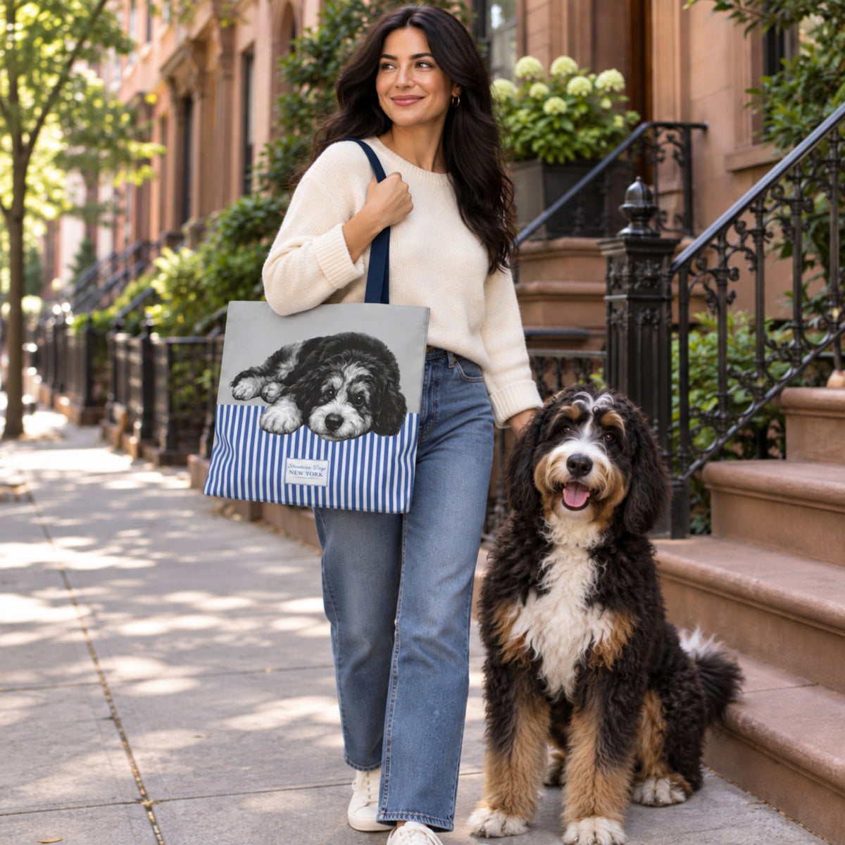 Bernedoodle, Grey/Blue Stripe Tote Bag