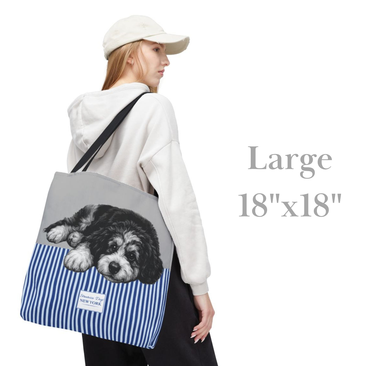 Bernedoodle, Grey/Blue Stripe Tote Bag