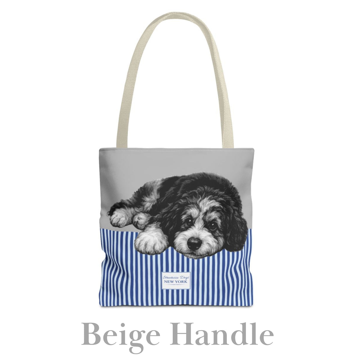 Bernedoodle, Grey/Blue Stripe Tote Bag