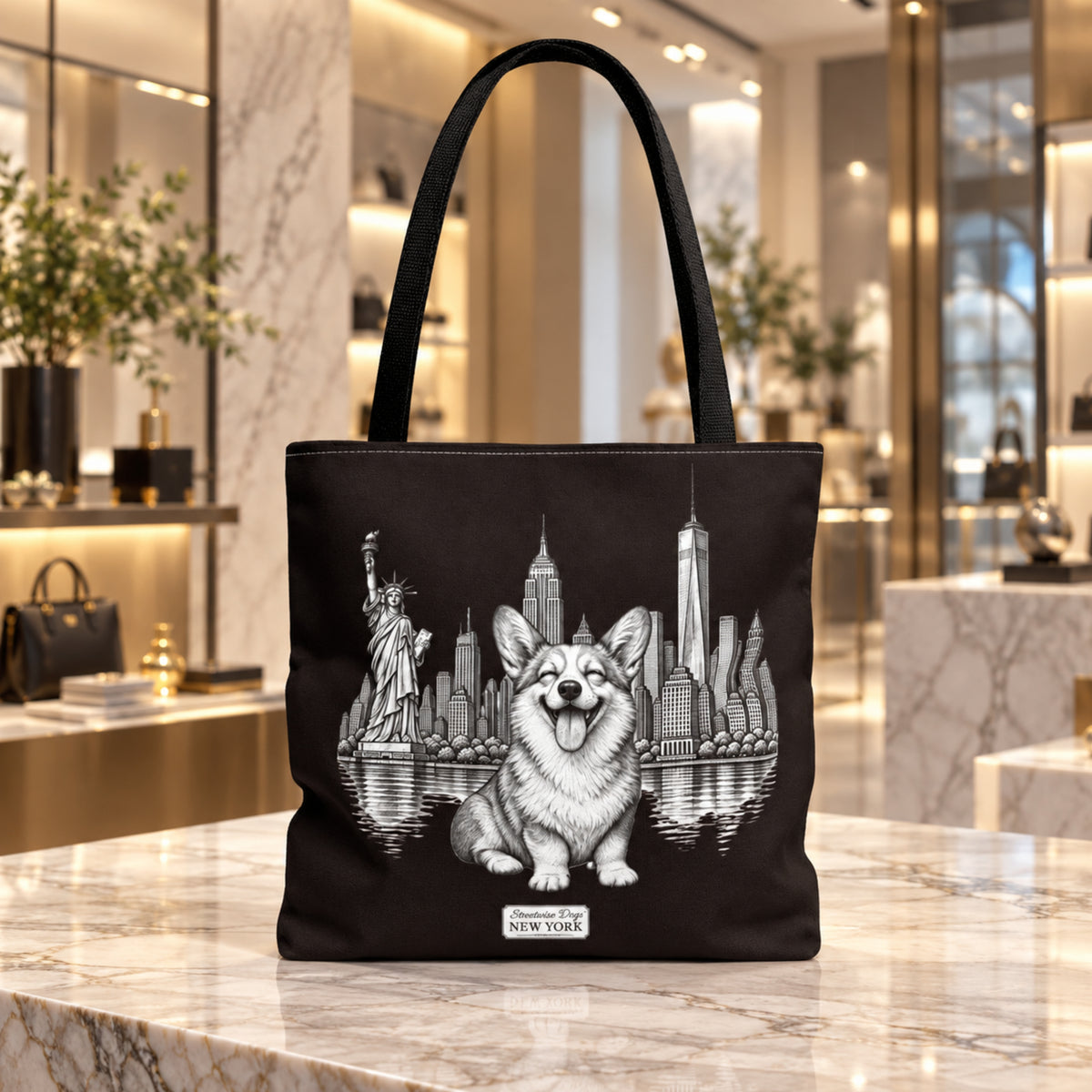 Corgi in New York, Durable Tote Bag