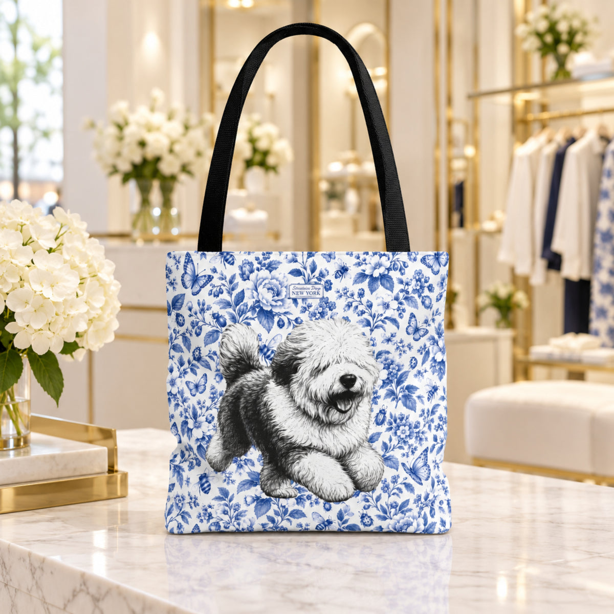 Old English Sheepdog, Blue Flora & Fauna Durable Tote Bag