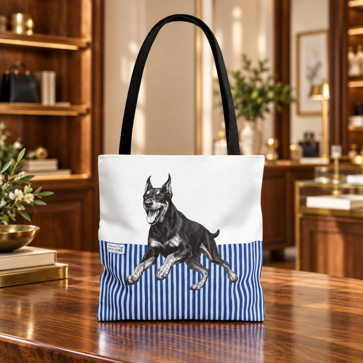 Doberman, Blue Stripe Durable Tote Bag