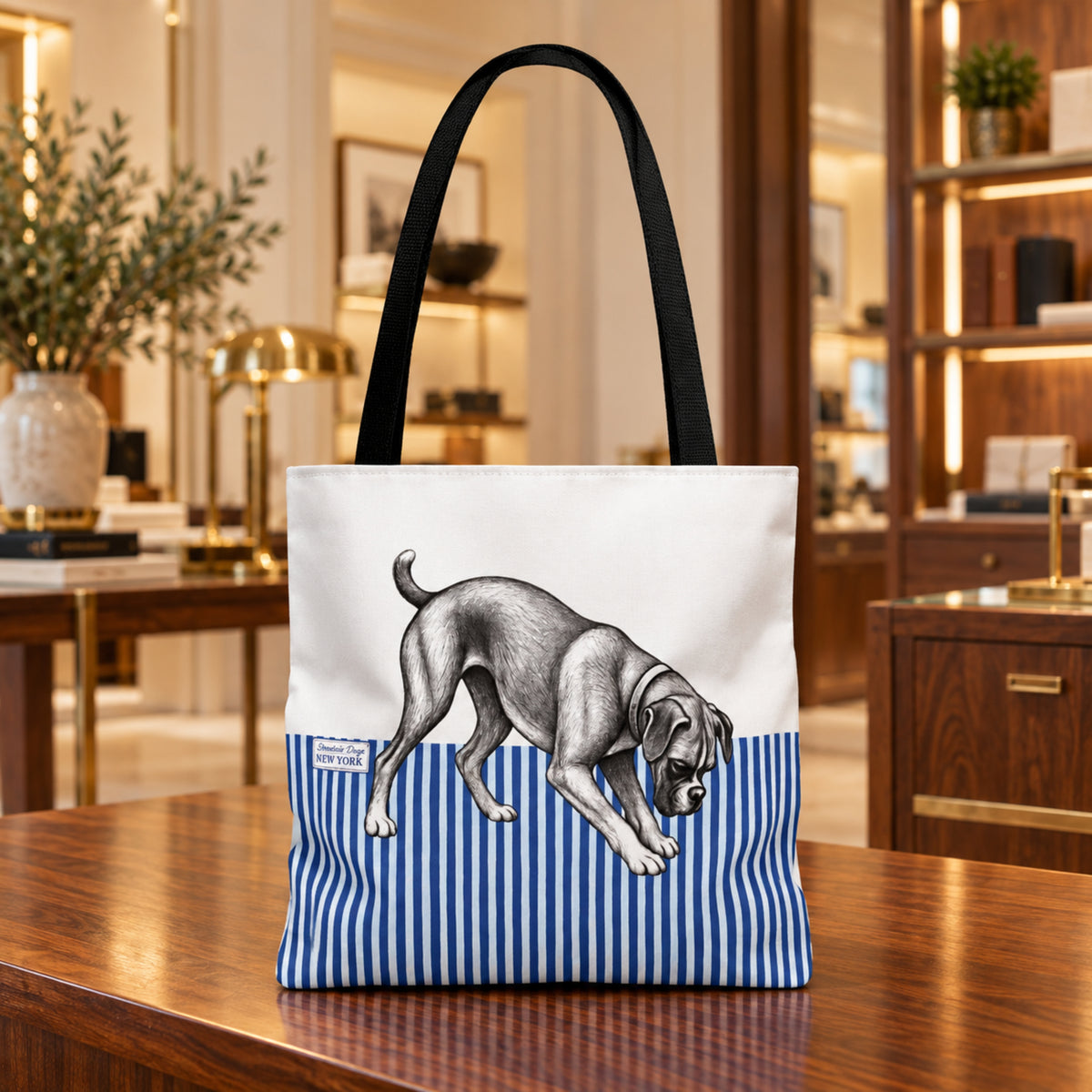 Boxer Digging, Blue Stripe Durable Tote Bag