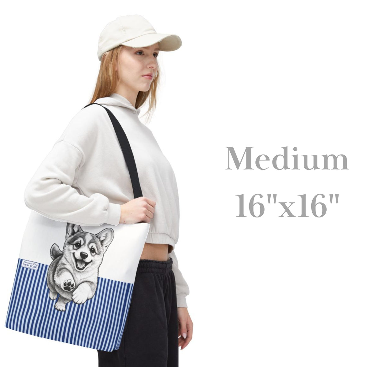 Corgi Running, Blue Stripe Durable Tote Bag