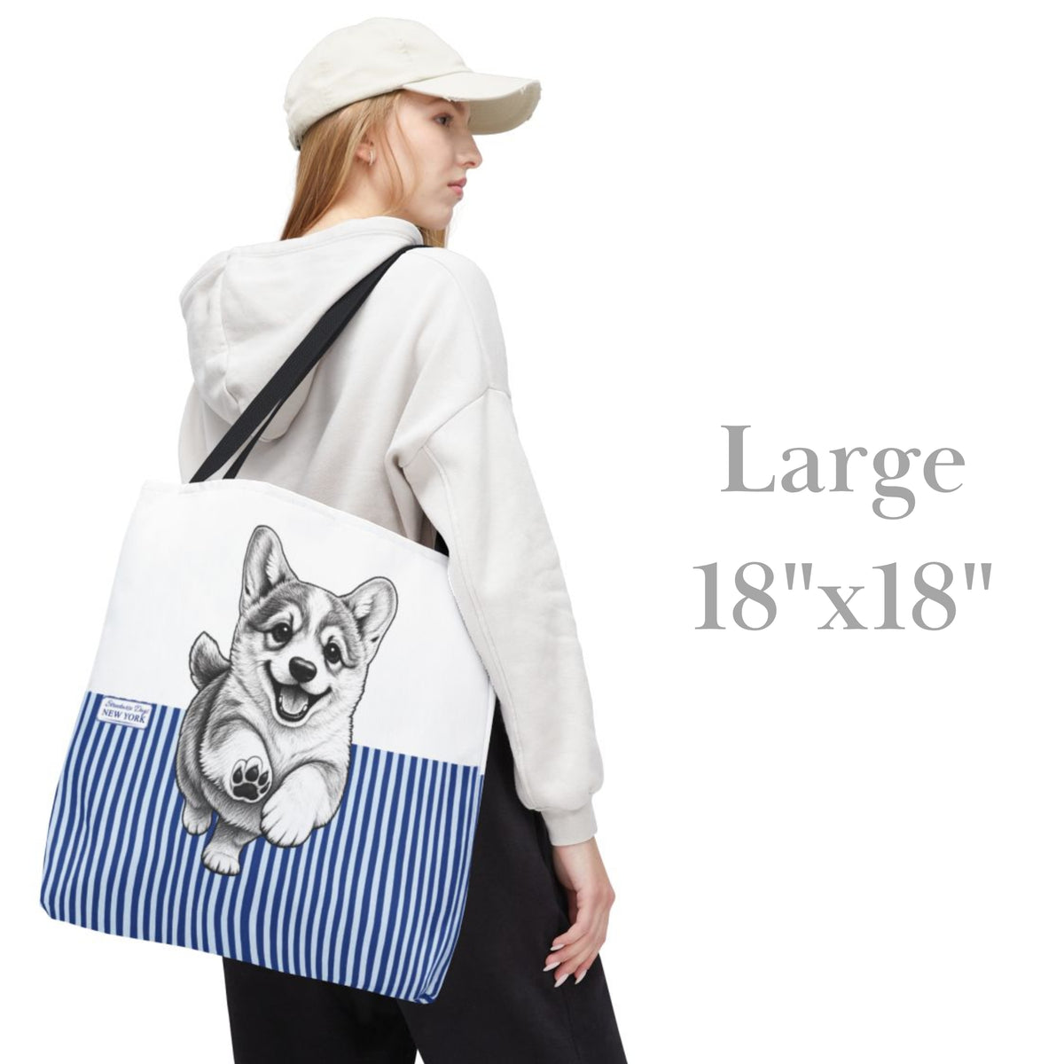 Corgi Running, Blue Stripe Durable Tote Bag