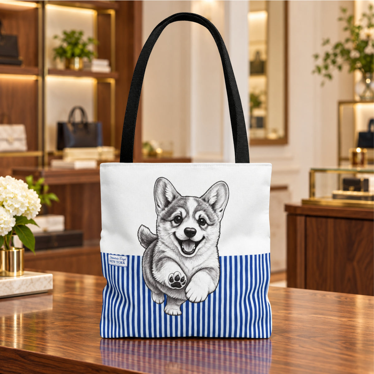 Corgi Running, Blue Stripe Durable Tote Bag