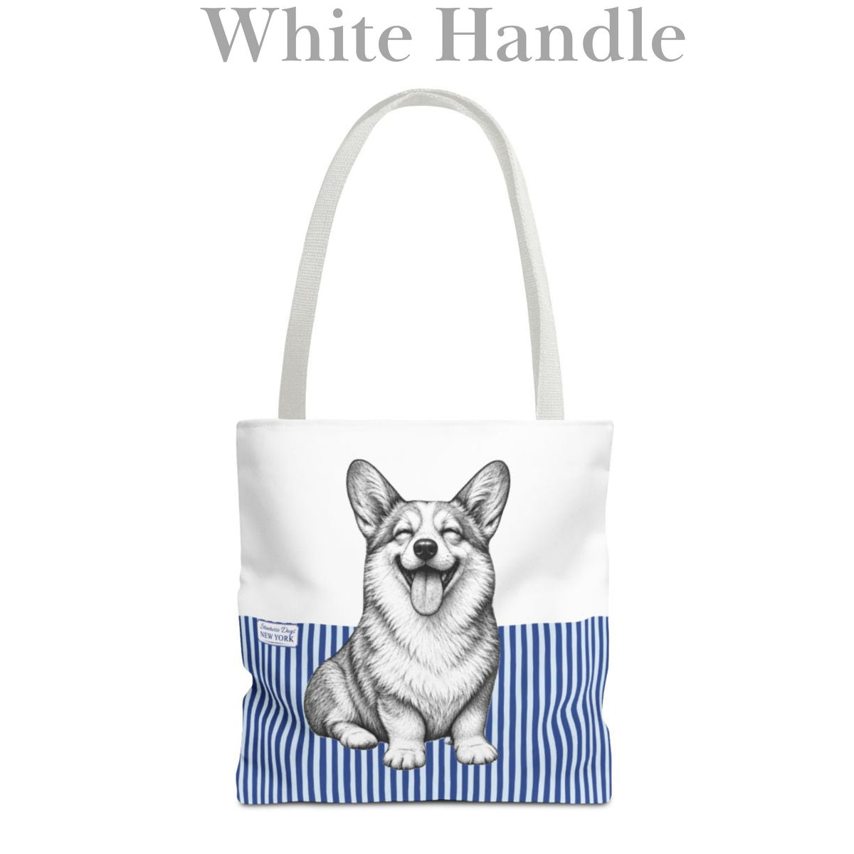 Corgi Smiling, Blue Stripe Durable Tote Bag