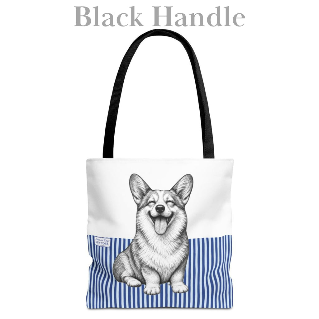 Corgi Smiling, Blue Stripe Durable Tote Bag