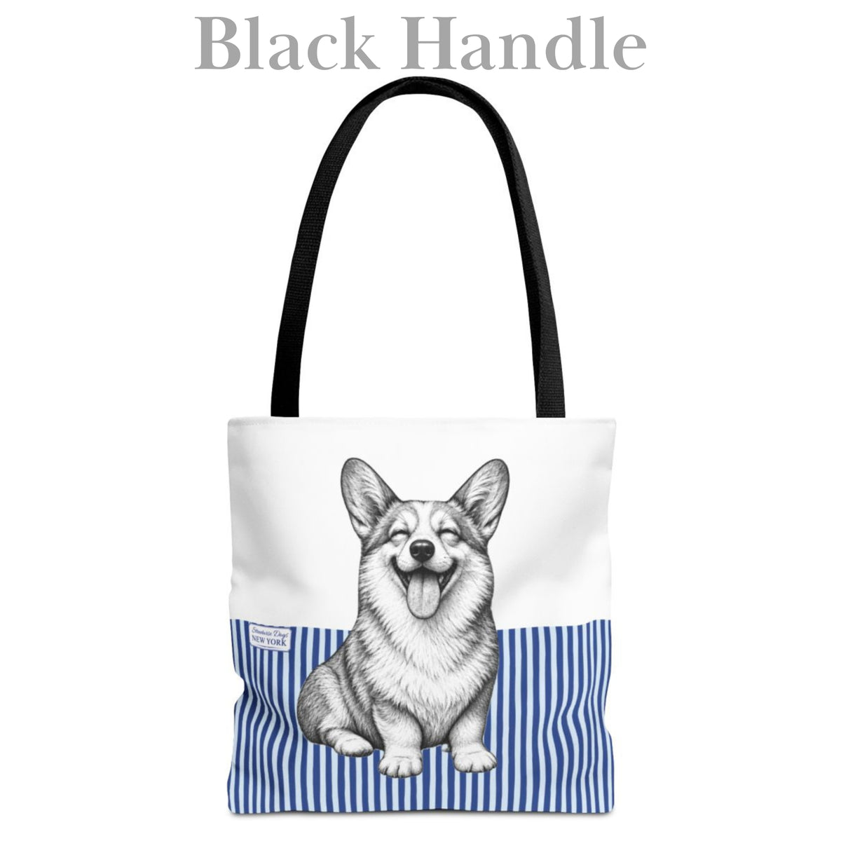 Corgi Smiling, Blue Stripe Durable Tote Bag