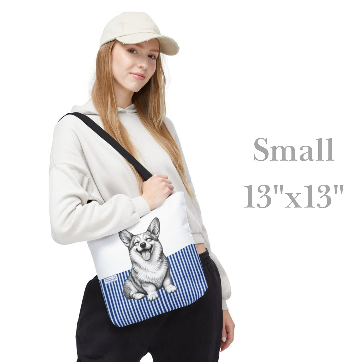 Corgi Smiling, Blue Stripe Durable Tote Bag