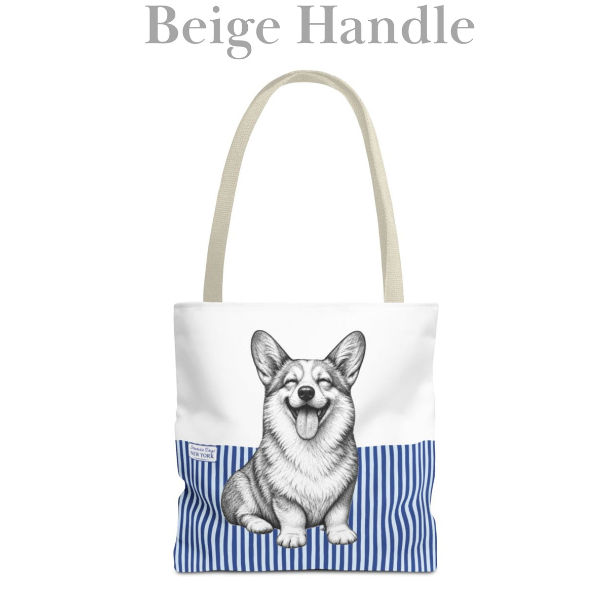 Corgi Smiling, Blue Stripe Durable Tote Bag