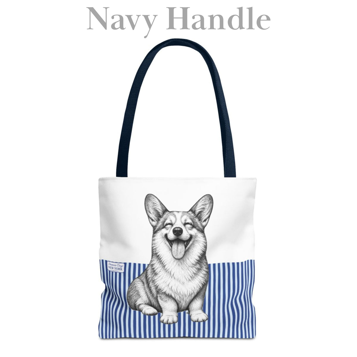 Corgi Smiling, Blue Stripe Durable Tote Bag