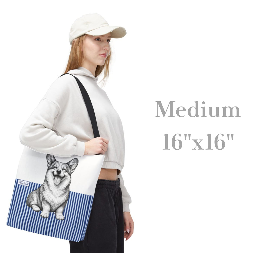 Corgi Smiling, Blue Stripe Durable Tote Bag