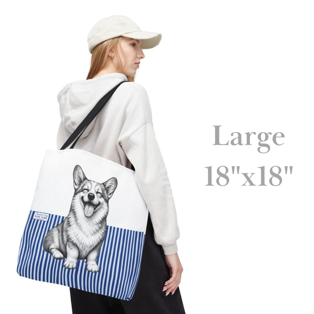 Corgi Smiling, Blue Stripe Durable Tote Bag