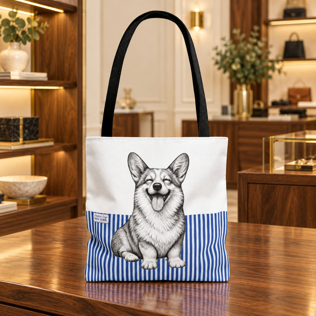 Corgi Smiling, Blue Stripe Durable Tote Bag