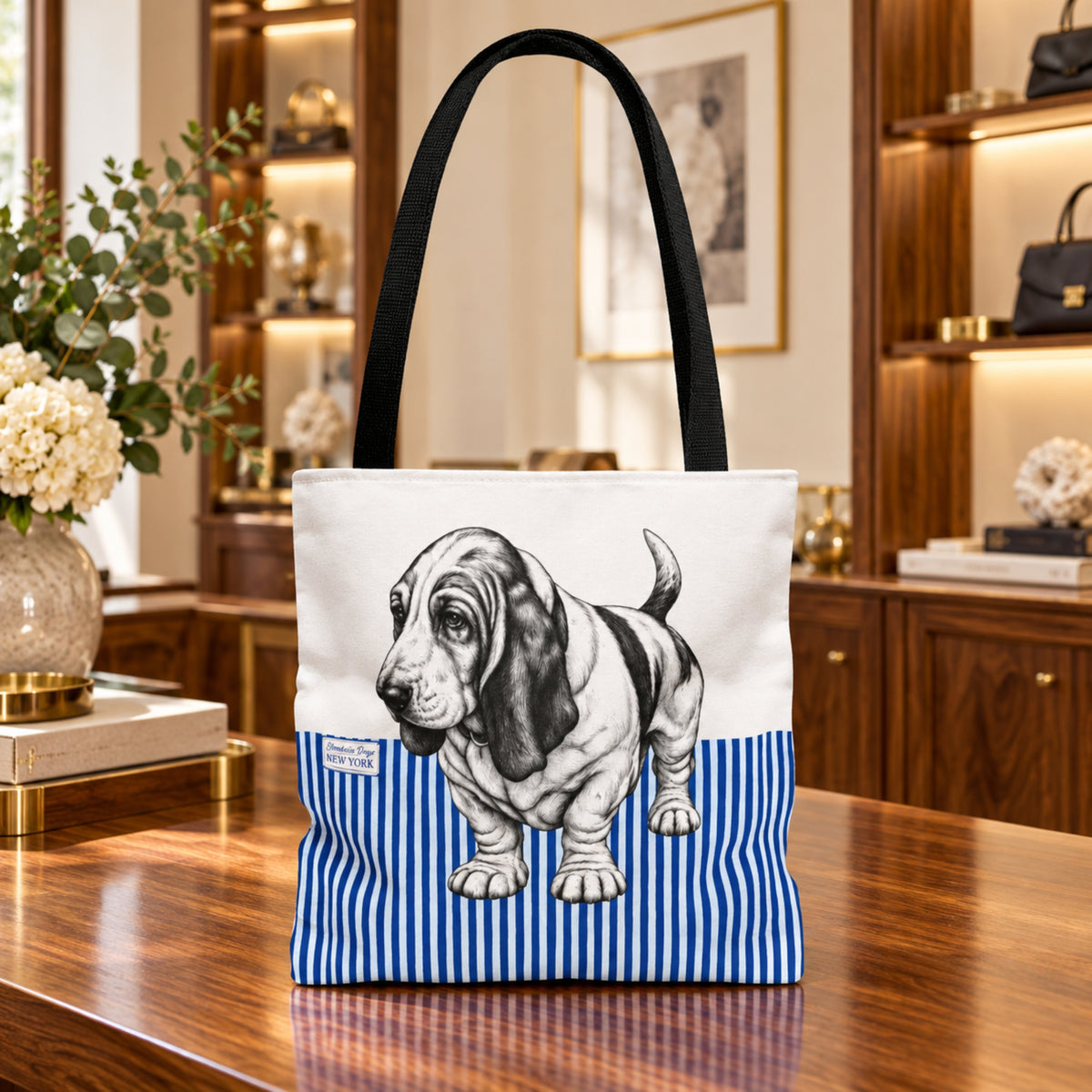 Basset Hound, Blue Stripe Durable Tote Bag