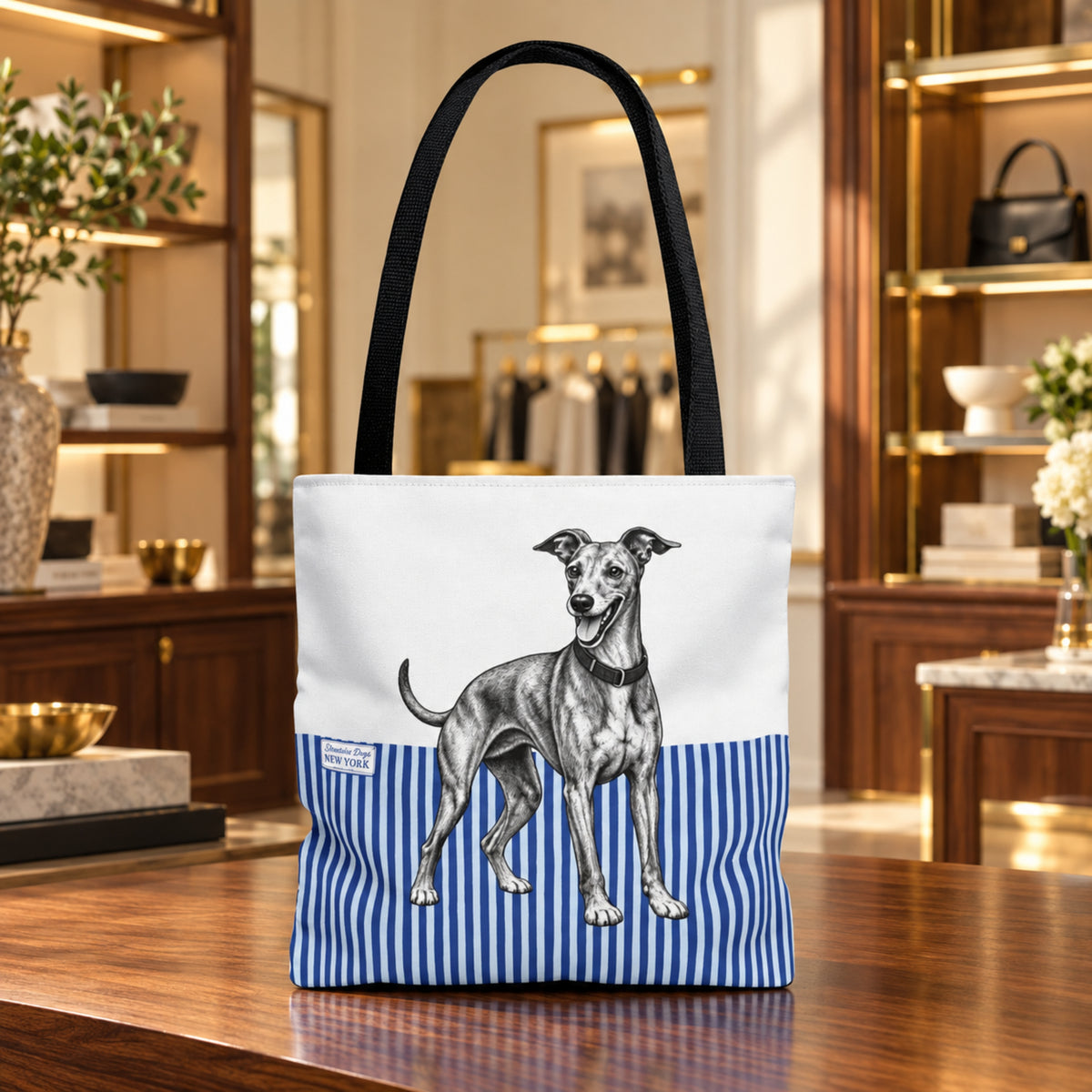 Greyhound, Blue Stripe Durable Tote Bag