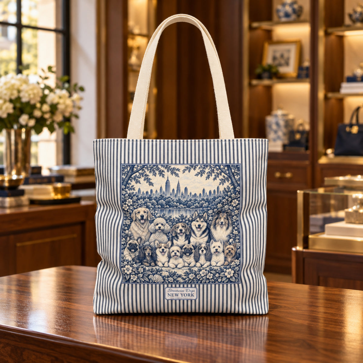 Dogs in New York, Blue Flora & Fauna Durable Tote Bag