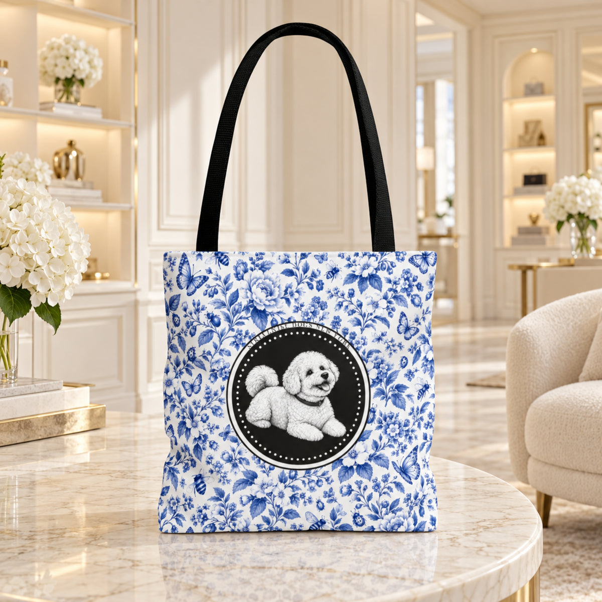 Bichon Frisé, Blue Flora & Fauna Durable Tote Bag