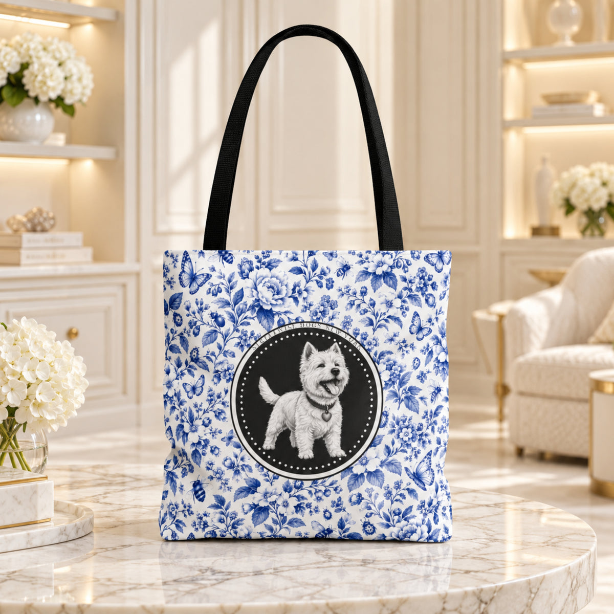 West Highland Terrier, Blue Flora & Fauna Durable Tote Bag