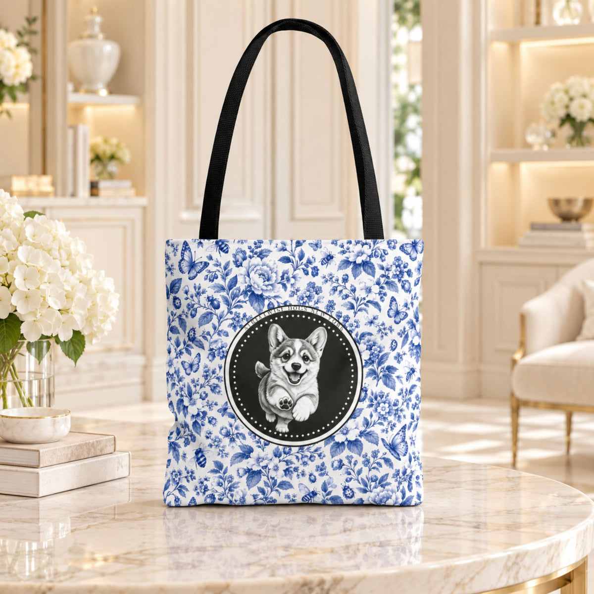 Corgi, Blue Flora & Fauna Durable Tote Bag