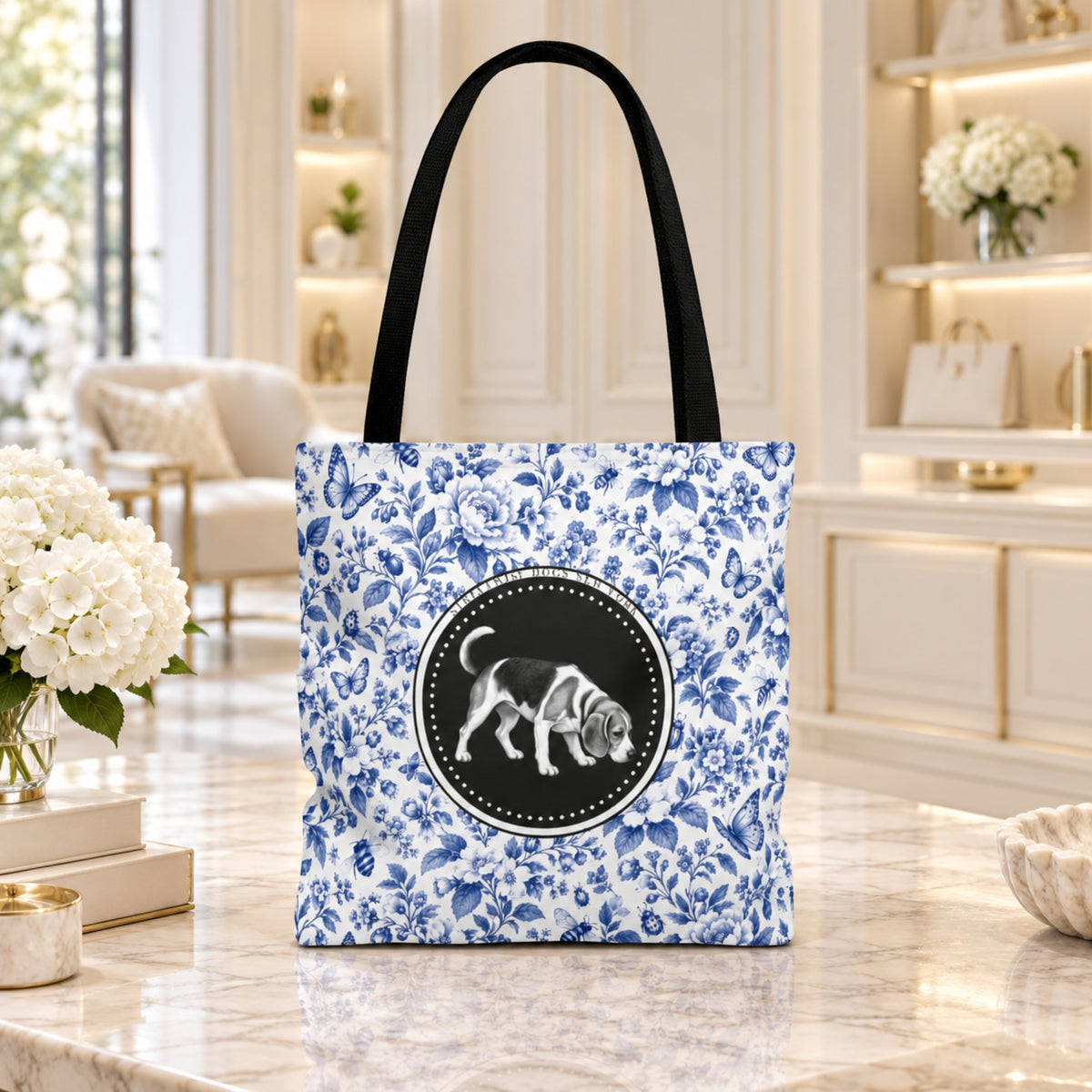 Beagle, Blue Floral Durable Tote Bag