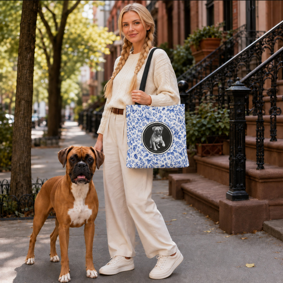 Boxer, Durable Blue Floral Tote Bag