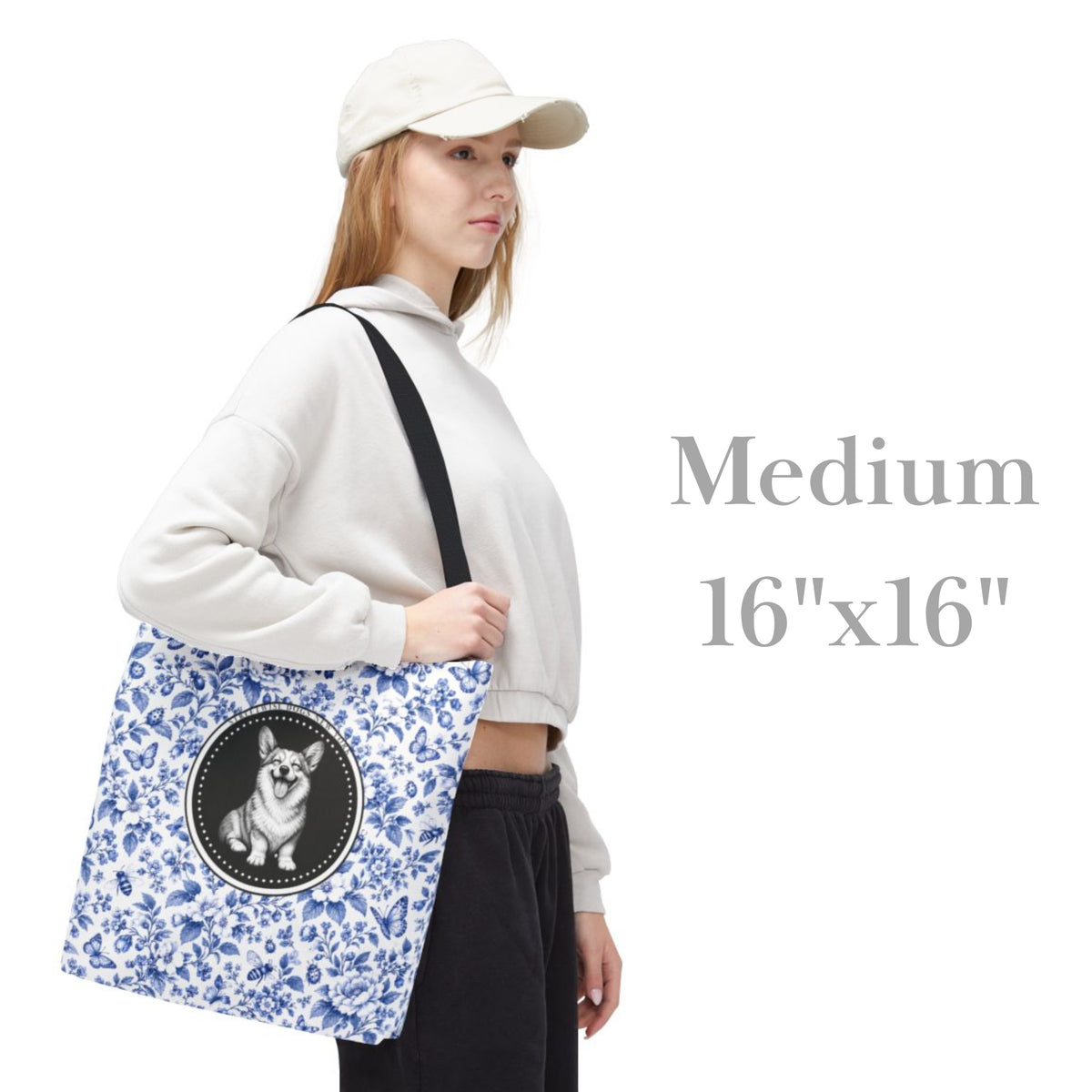 Corgi Smiling, Durable Blue Floral Tote Bag