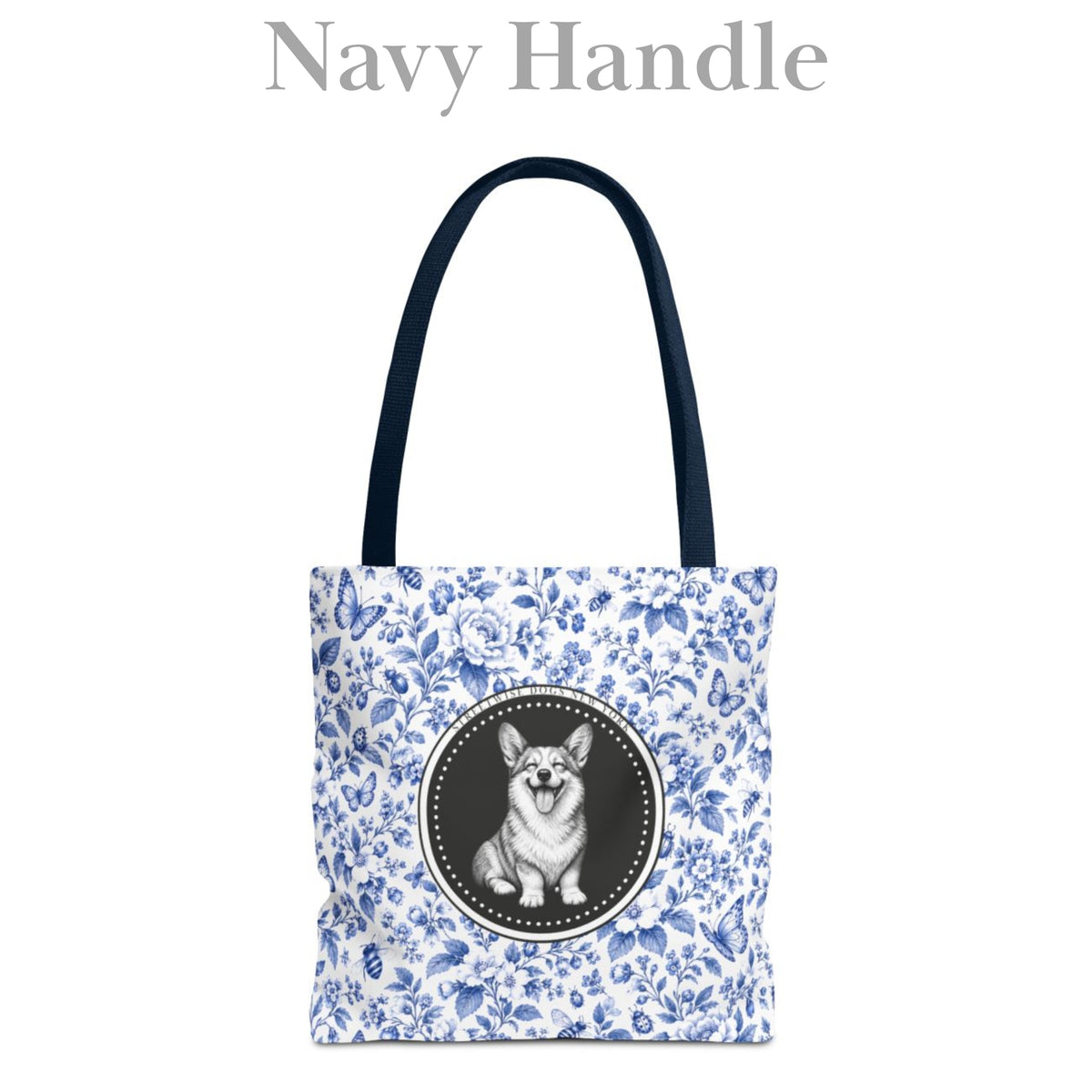 Corgi Smiling, Durable Blue Floral Tote Bag