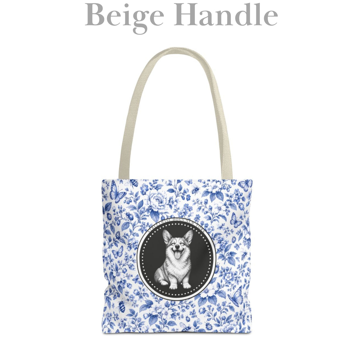 Corgi Smiling, Durable Blue Floral Tote Bag