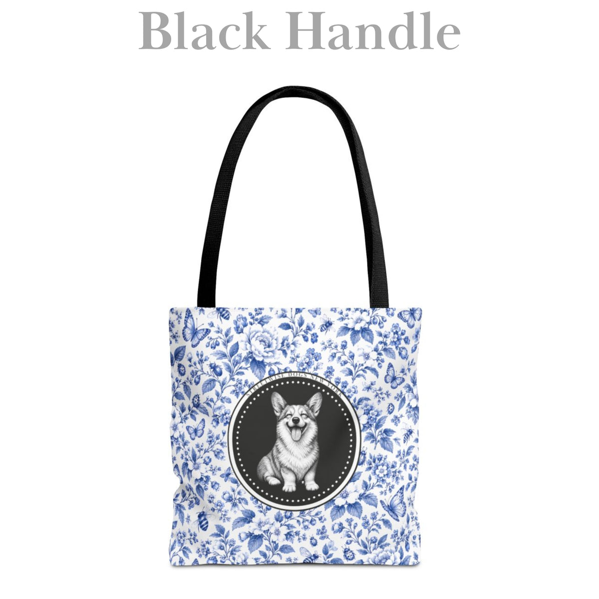 Corgi Smiling, Durable Blue Floral Tote Bag