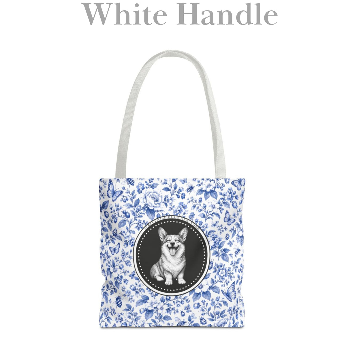 Corgi Smiling, Durable Blue Floral Tote Bag