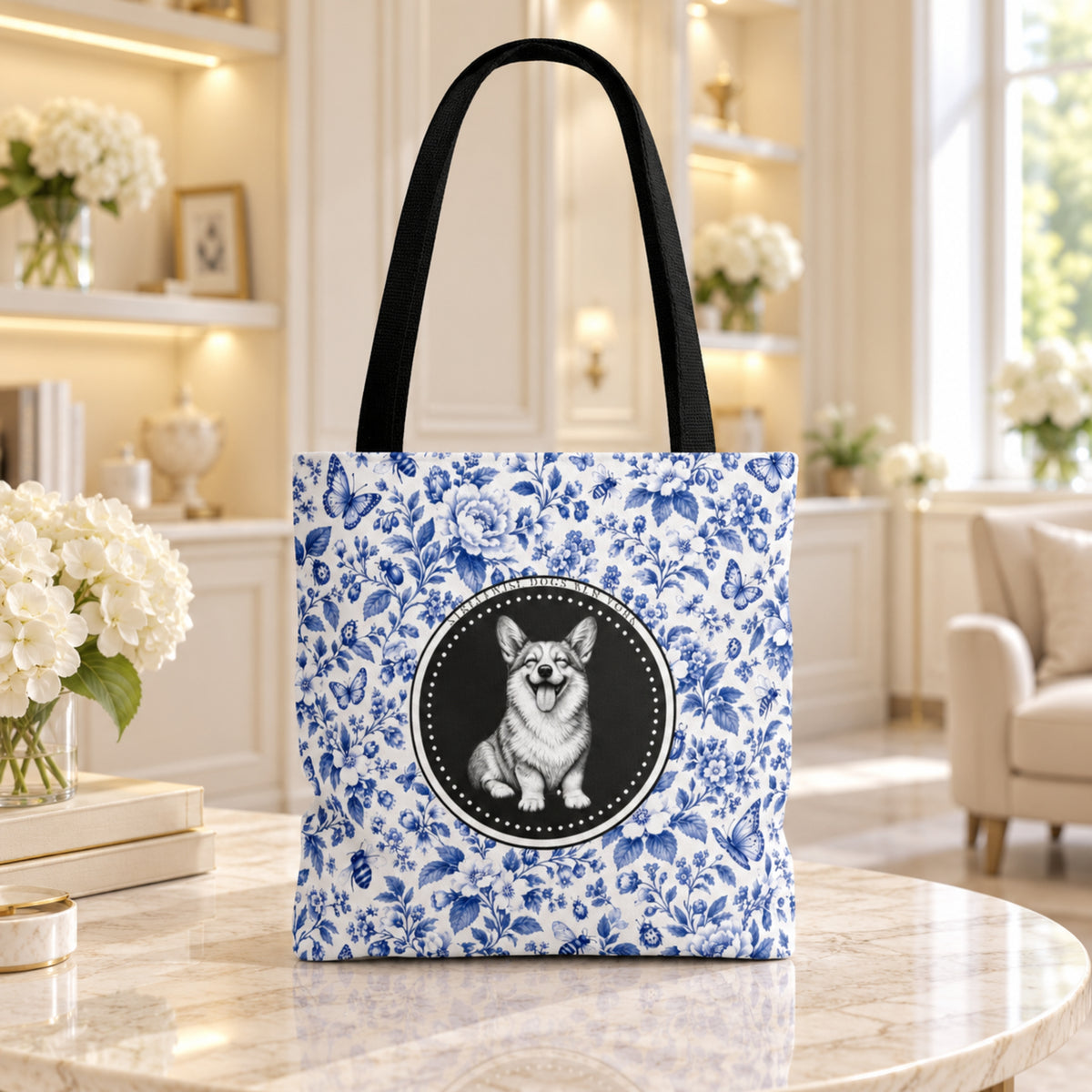 Corgi Smiling, Durable Blue Floral Tote Bag