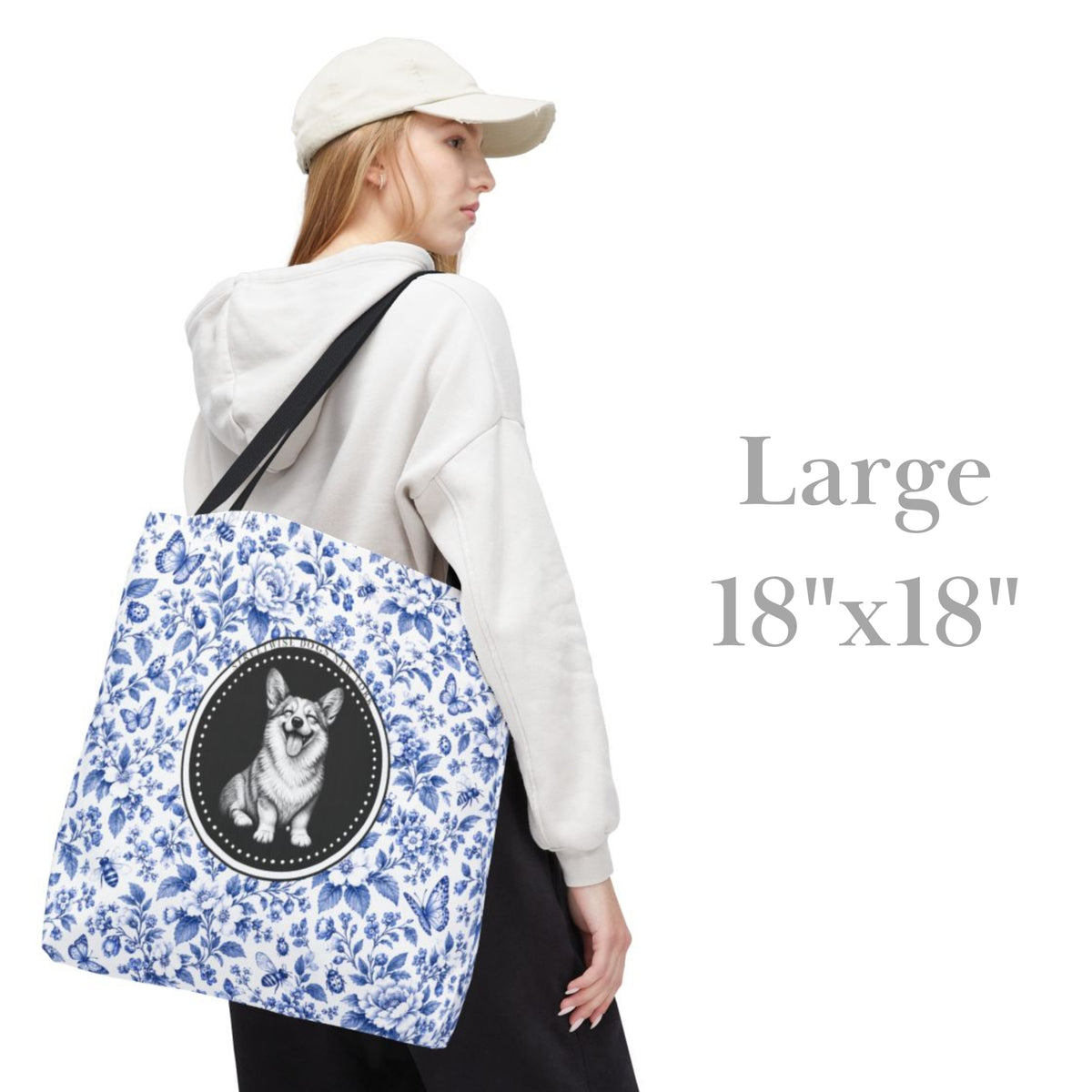Corgi Smiling, Durable Blue Floral Tote Bag
