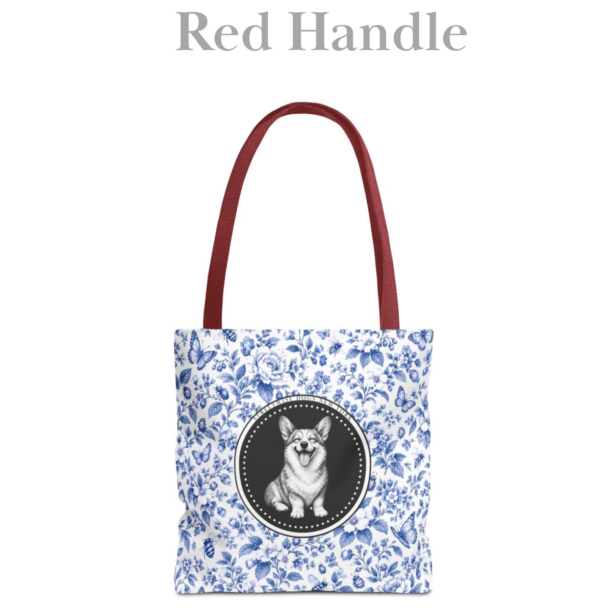 Corgi Smiling, Durable Blue Floral Tote Bag