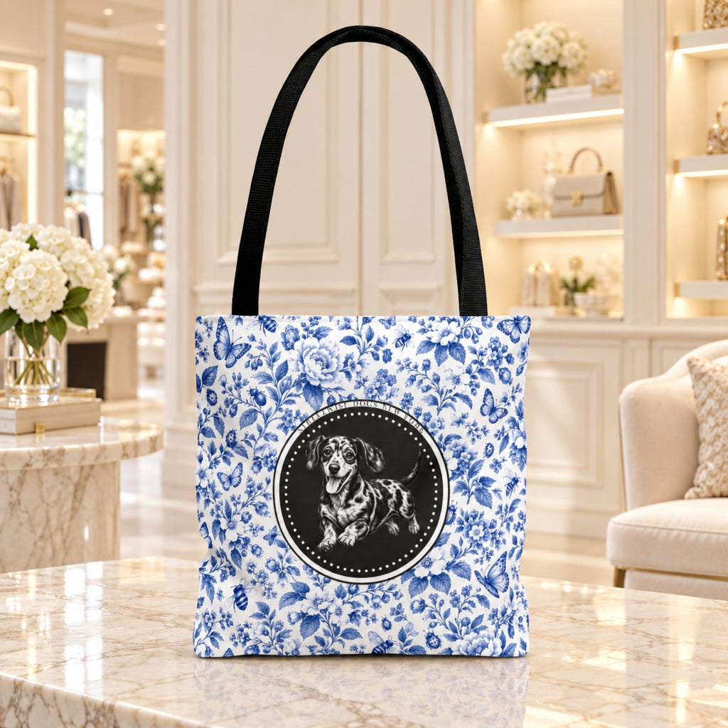 Dachshund, Durable Blue Floral Tote Bag