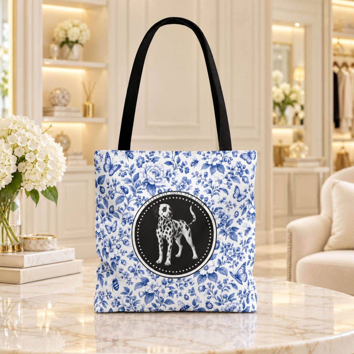 Dalmatian, Blue Floral Tote Bag
