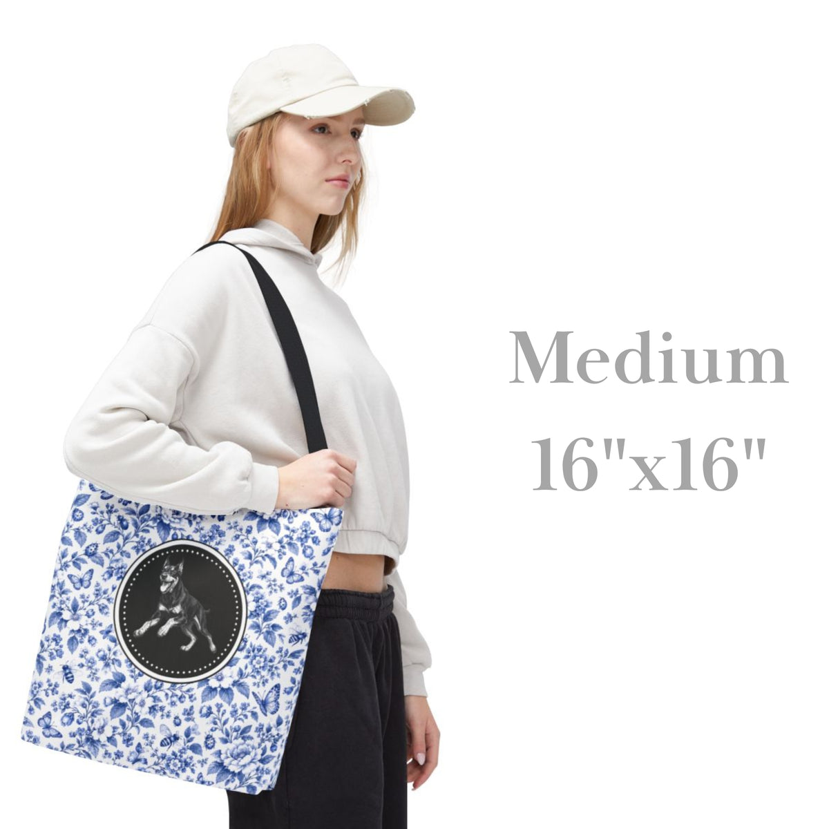 Doberman, Blue Floral Tote Bag