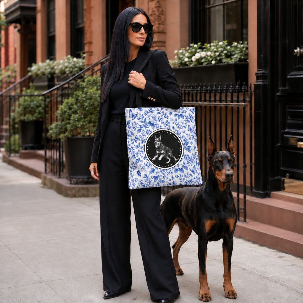 Doberman, Blue Floral Tote Bag