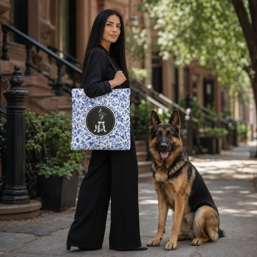 German Shepherd, Blue Floral Tote Bag