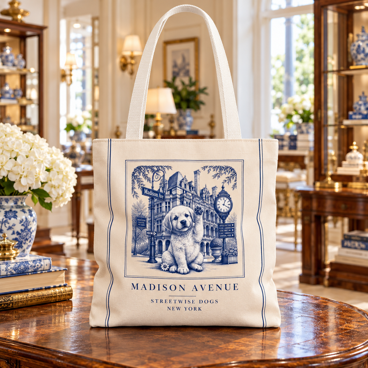 Madison Avenue New York Golden Retriever: Durable Tote Bag