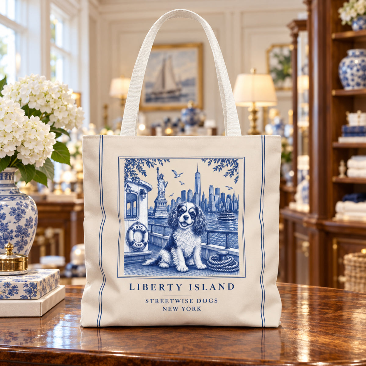 Liberty Island New York Cavalier King Charles Spaniel: Durable Tote Bag