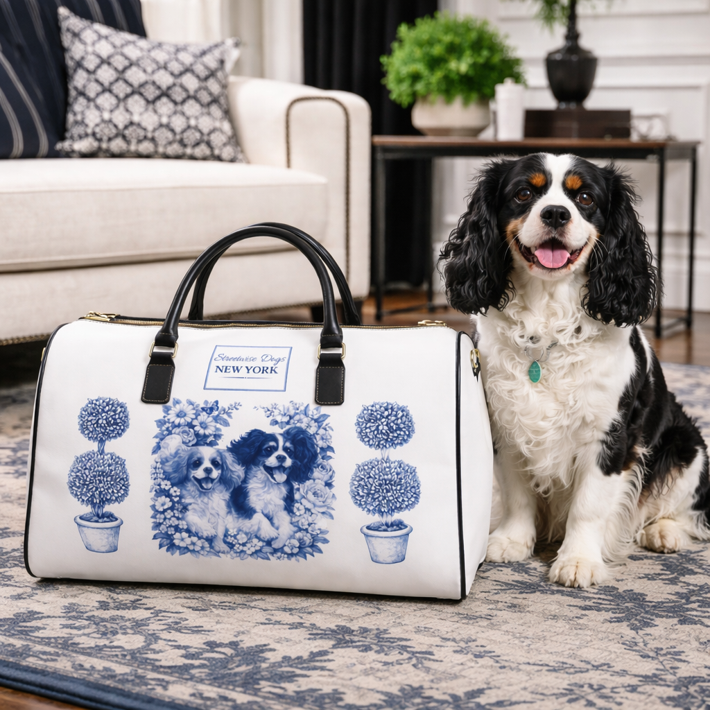 Cavalier King Charles Bag NYC Botanical Garden | Dog Lover Duffle Bag | Blue White Toile Travel Bag | Streetwise Dogs New York Gift