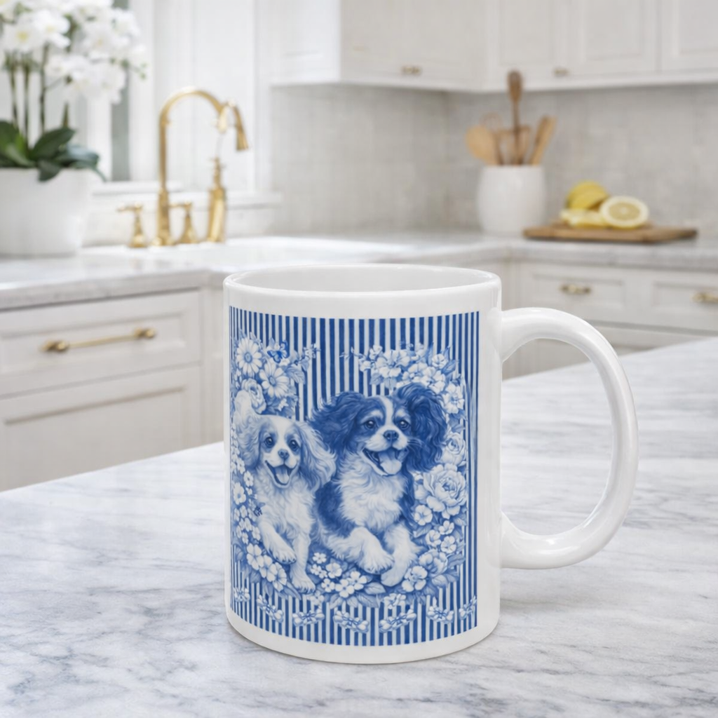 Cavalier King Charles Spaniel Blue Floral Striped Mug
