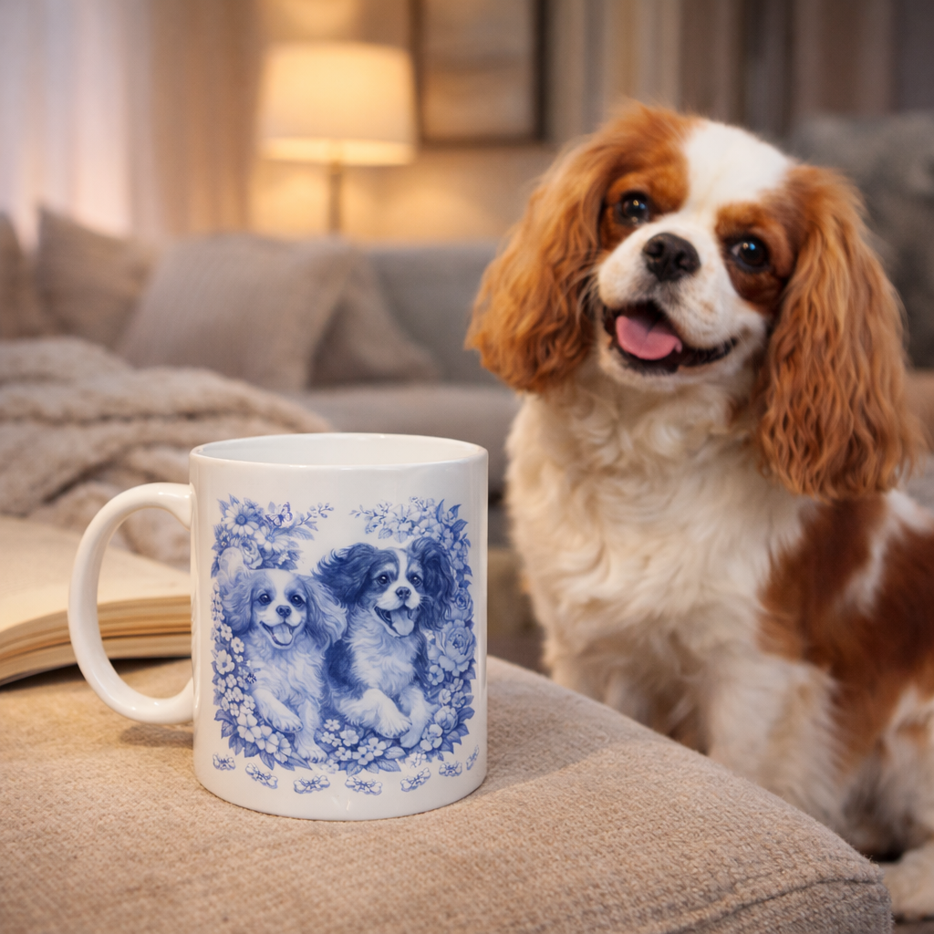 Cavalier King Charles Spaniel Blue and white Floral Mug | Ceramic Coffee Cup