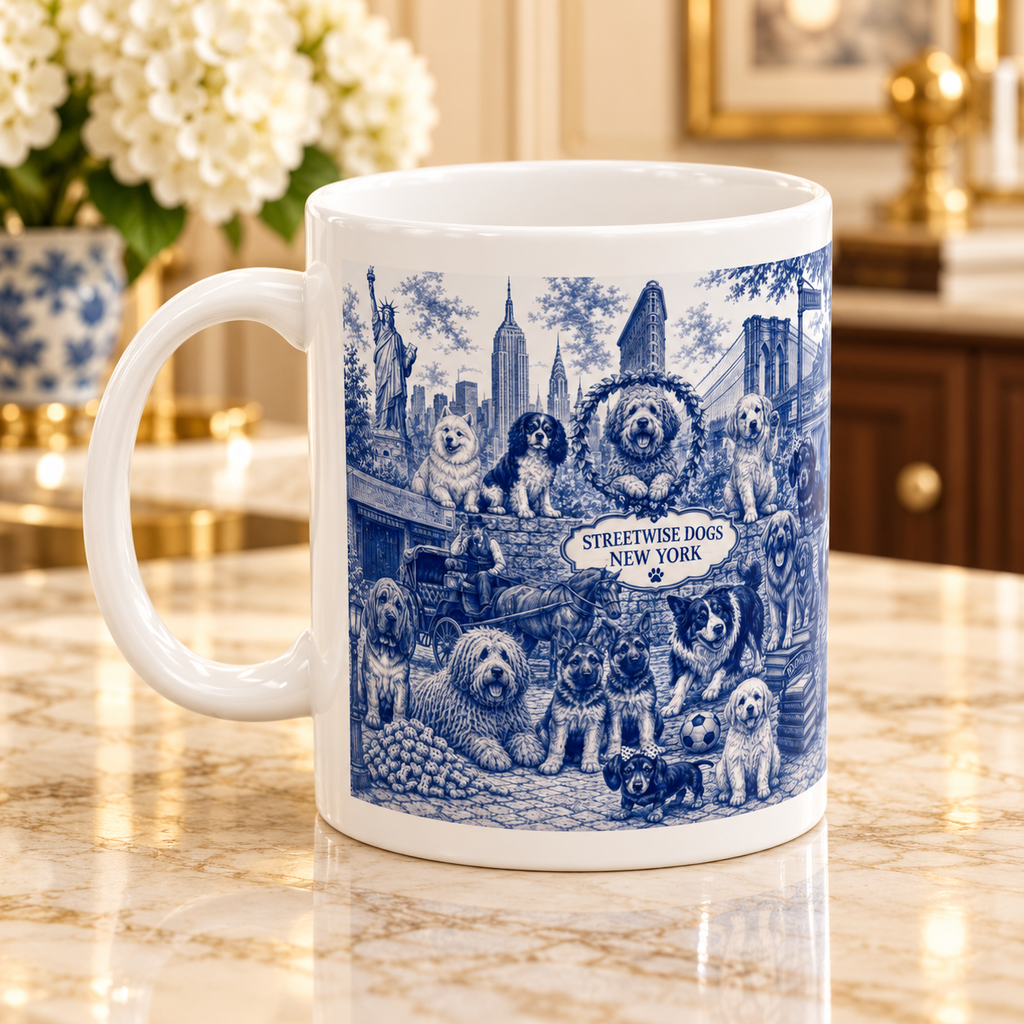 Blue Toile New York City Dogs Mug